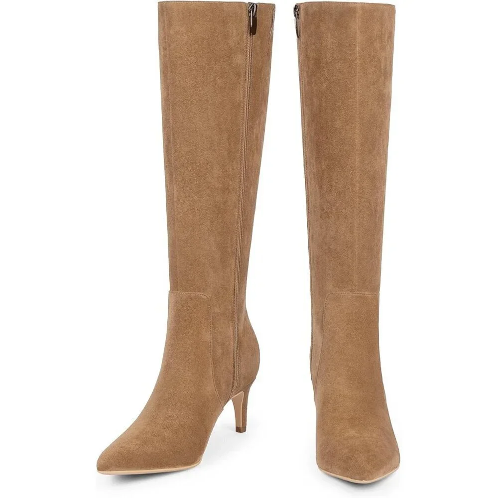 Women's Tan Suede Tall Boots Pointed Toe Kitten Heel Side Zipper Knee High Boots